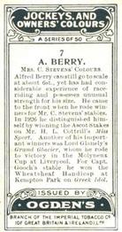 1927 Ogden's Jockeys and Owners' Colours #7 Alfred Berry Back